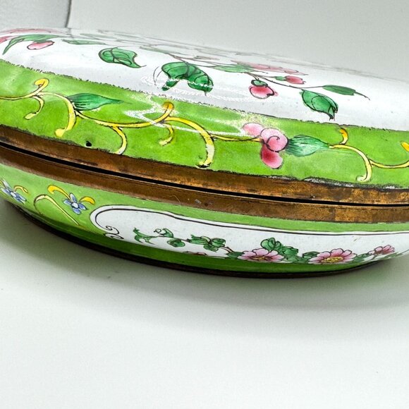Vtg Hand-Painted Floral Enamel Trinket Box Birds & Blossoms 6" Diameter - Picture 13 of 16